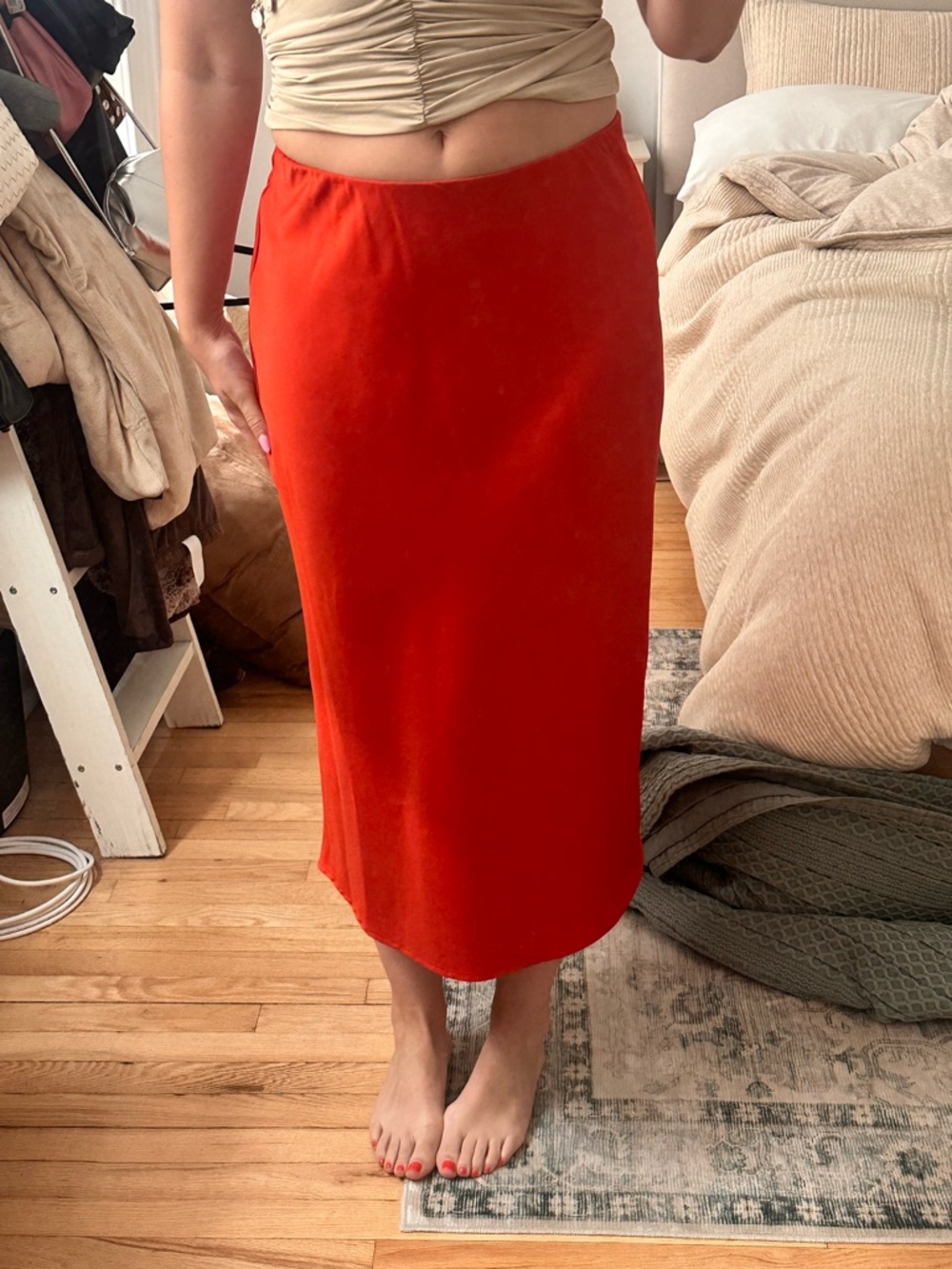 a new day Red Satin Midi Slip Skirt